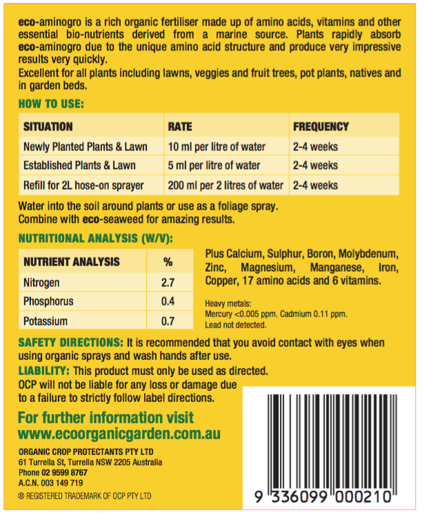 Eco-Aminogro - Organic Liquid Fertiliser - AusPots
